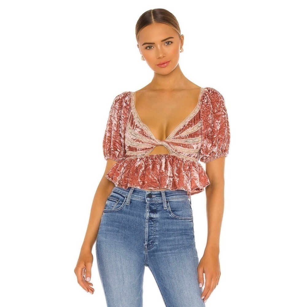 Free People Yours Truly Mauve Pink Velvet Lace Top Blouse XS - Picture 15 of 17